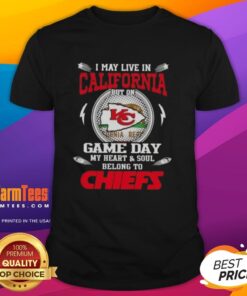 California fan wearing a Kansas City Chiefs T-shirt, showcasing team spirit on game day with a heart and soul message.