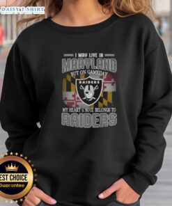 Maryland fan wearing a Raiders sweatshirt on game day, showcasing team spirit and loyalty to the Raiders.