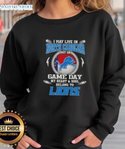 Detroit Lions sweatshirt, perfect for game day, showcasing team pride despite living in North Carolina.