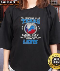 Detroit Lions ladies tee showcasing pride for game day, perfect for fans living in Texas but cheering for Detroit.