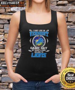 Vermont resident wearing a Detroit Lions tank top, showcasing game day spirit and team pride.