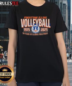 Alt Text: Ladies tee celebrating 50 years of Illinois Fighting Illini volleyball, 1978-2025, in vibrant colors.