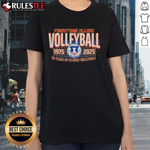 Alt Text: Ladies tee celebrating 50 years of Illinois Fighting Illini volleyball, 1978-2025, in vibrant colors.