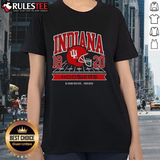 Alt Text: Ladies tee featuring Nice Indiana Hoosiers All-American Football 1820 helmet design, perfect for sports fans.
