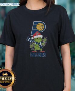 Nice Indiana Pacers Christmas Grinch Santa Hat Holiday 2025 ladies tee featuring festive design and team colors.