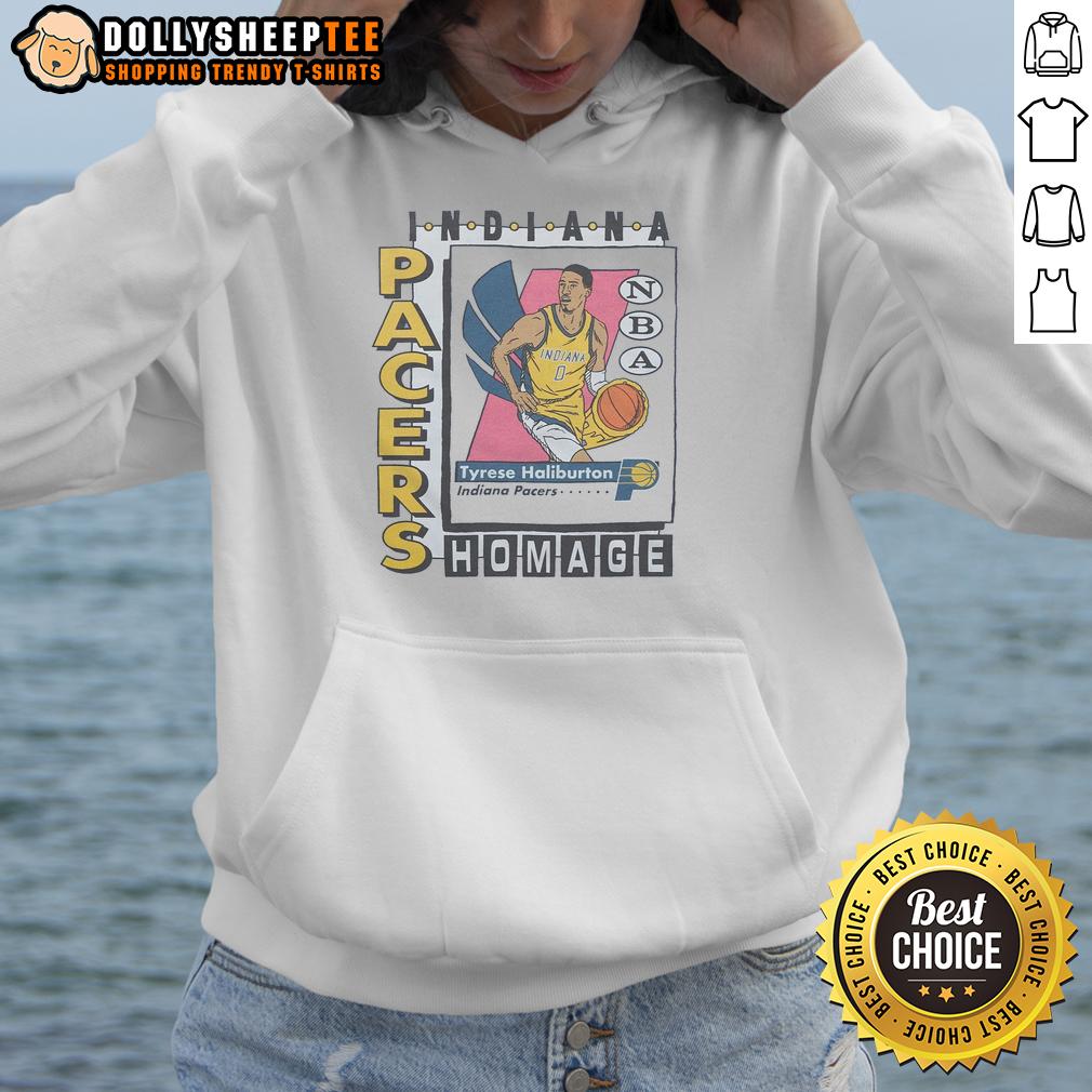 Nice Indiana Pacers Trading Card Tyrese Haliburton Hoodie Alt Text: Tyrese Haliburton wearing a hoodie featuring a Nice Indiana Pacers trading card design, showcasing team spirit.