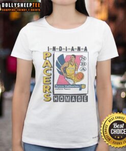 Alt Text: Nice Indiana Pacers trading card featuring Tyrese Haliburton on a stylish ladies tee shirt.