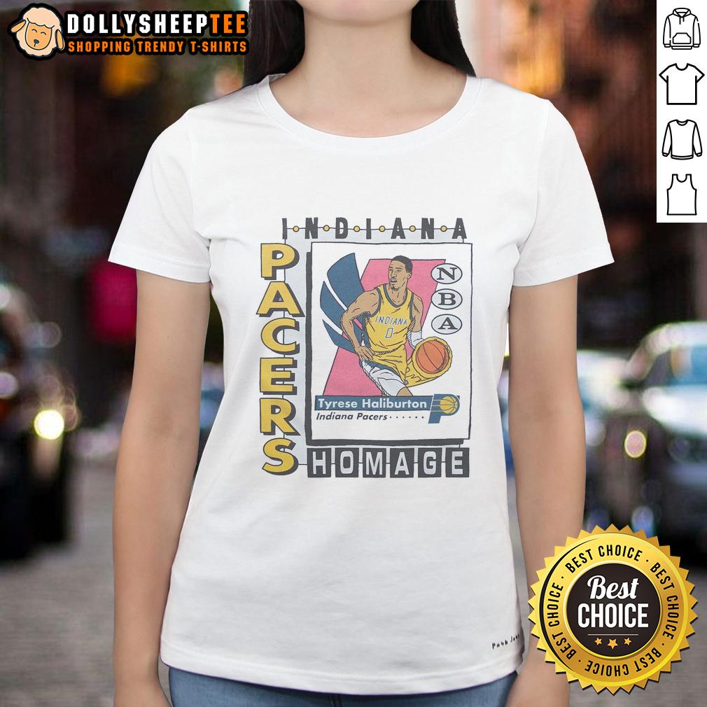 Nice Indiana Pacers Trading Card Tyrese Haliburton Ladies Tee Alt Text: Nice Indiana Pacers trading card featuring Tyrese Haliburton on a stylish ladies tee shirt.