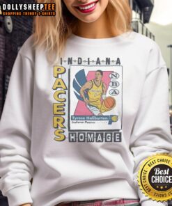Nice Indiana Pacers trading card sweatshirt featuring Tyrese Haliburton, perfect for basketball fans and collectors.