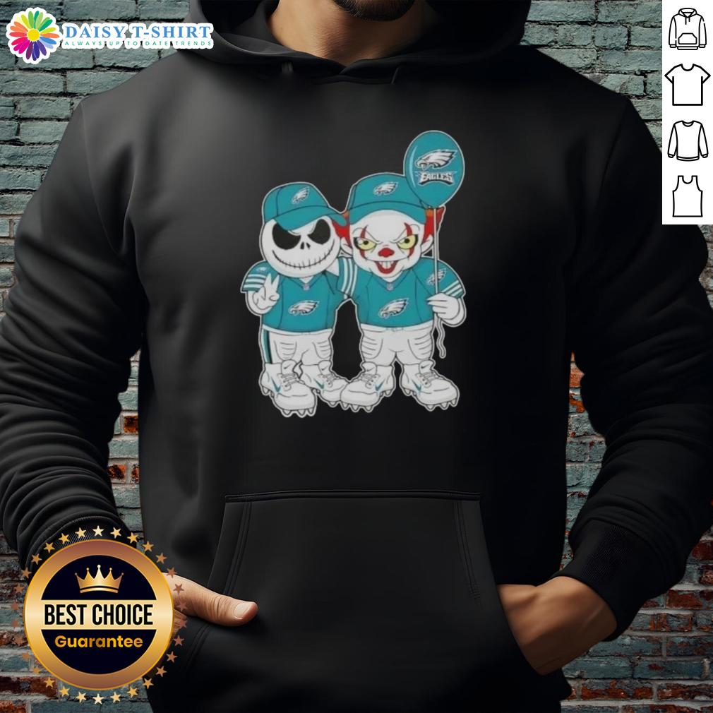 Nice Jack Skellington And Clown It X Philadelphia Eagles Happy Halloween Hoodie Jack Skellington and Clown It design on a Philadelphia Eagles Halloween hoodie for a spooky celebration.