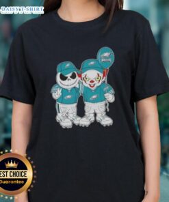 Philadelphia Eagles Halloween ladies tee featuring Jack Skellington and a clown design for a festive look.