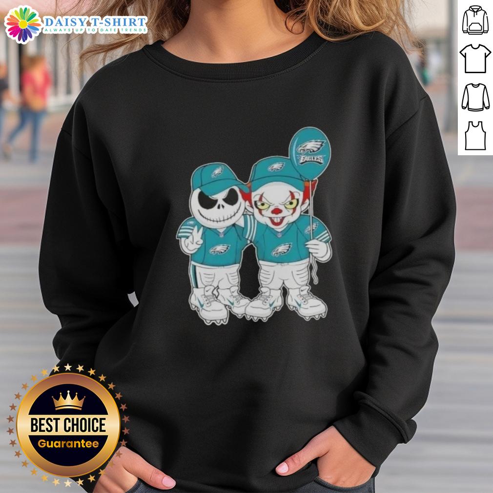 Nice Jack Skellington And Clown It X Philadelphia Eagles Happy Halloween Sweatshirt Happy Halloween sweatshirt featuring Jack Skellington and Clown It with Philadelphia Eagles logo, perfect for fans.