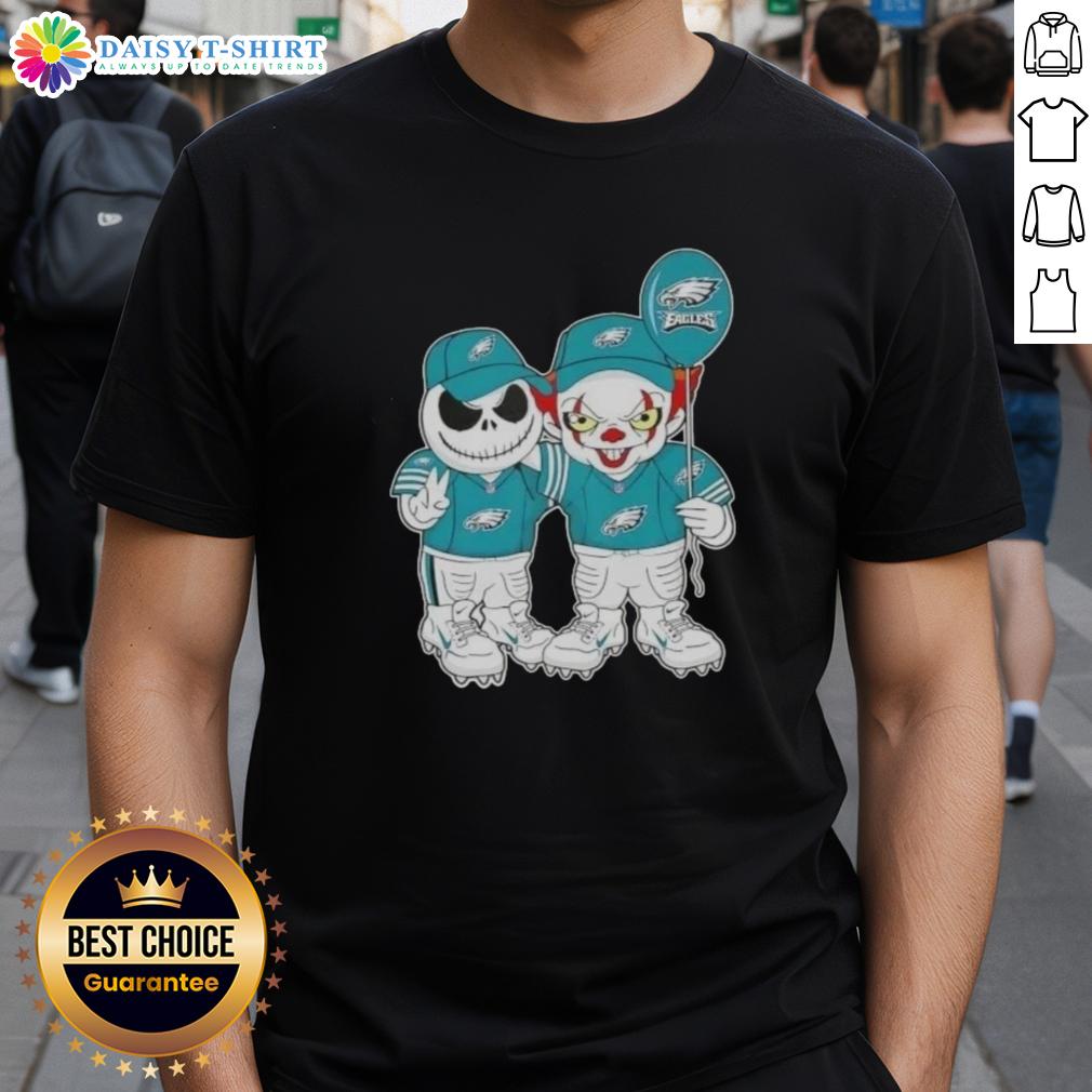 Nice Jack Skellington And Clown It X Philadelphia Eagles Happy Halloween T-Shirt Jack Skellington and Clown It design on a Philadelphia Eagles Happy Halloween T-shirt for festive fans.