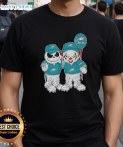 Jack Skellington and Clown It design on a Philadelphia Eagles Happy Halloween T-shirt for festive fans.
