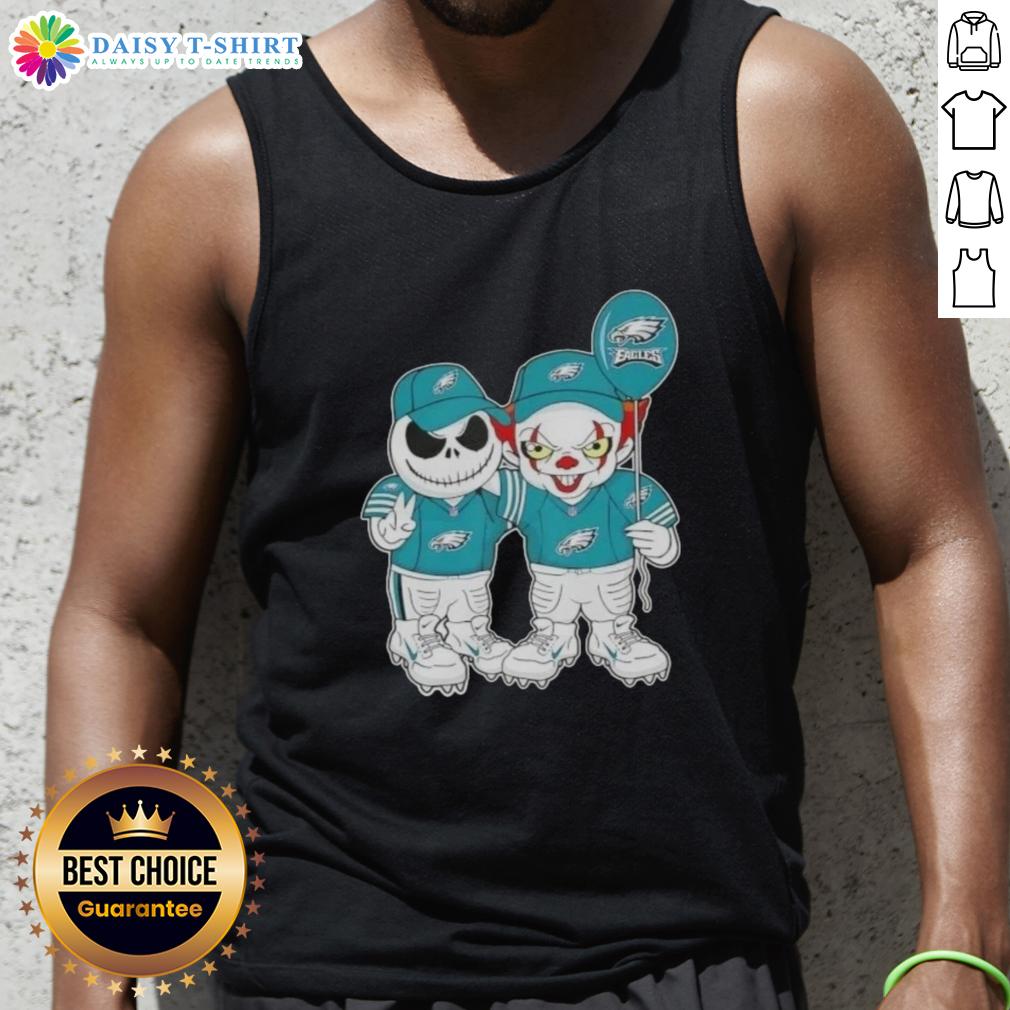 Nice Jack Skellington And Clown It X Philadelphia Eagles Happy Halloween Tank Top Jack Skellington and Clown It tank top for Philadelphia Eagles fans celebrating Halloween in style.