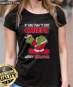Alt Text: Funny Christmas ladies tee featuring the Kansas City Chiefs Grinch with Merry Krissmyass slogan for fans.