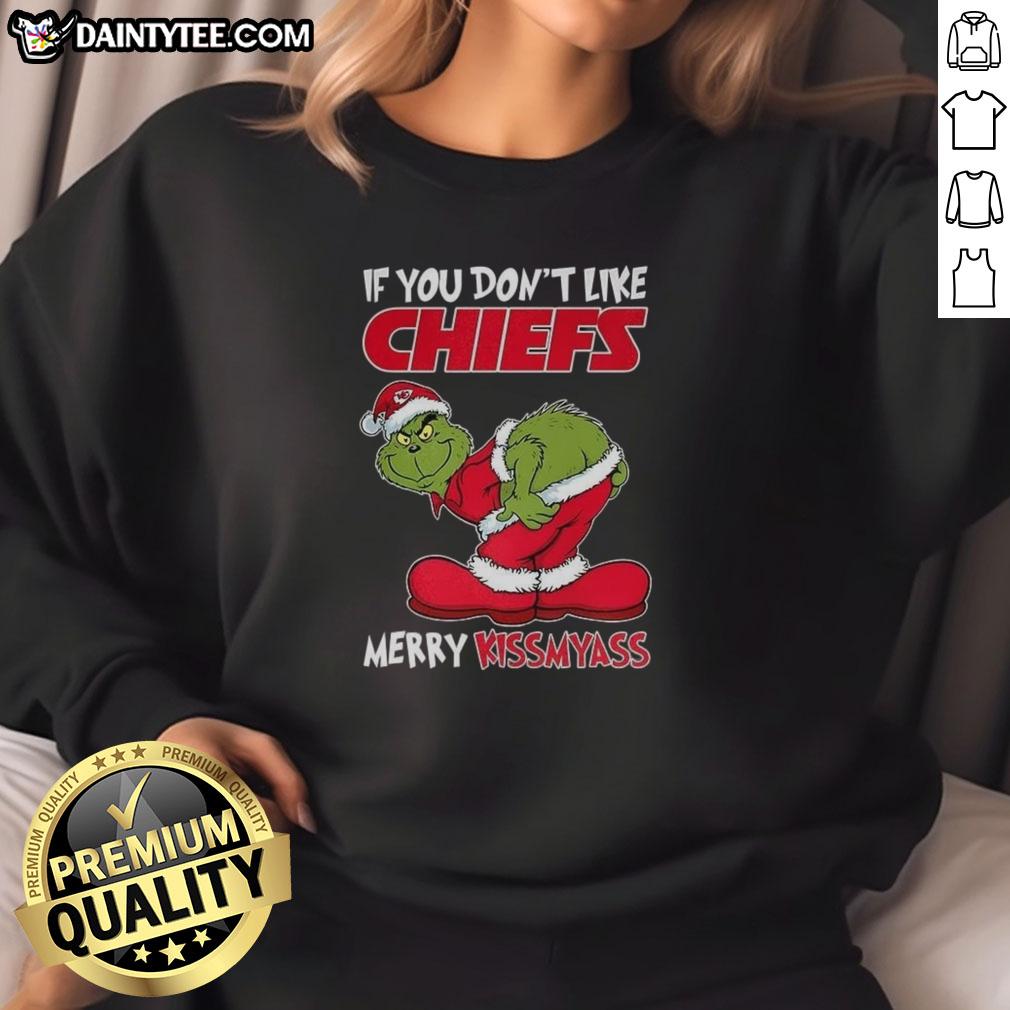 nice-kansas-city-chiefs-grinch-if-you-dont-like-chiefs-merry-krissmyass-funny-christmas-sweatshirt Funny Christmas sweatshirt featuring Grinch and Kansas City Chiefs theme: 'If You Don't Like Chiefs, Merry Krissmyass.'