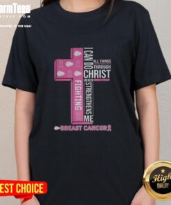 Nice Kansas City Chiefs ladies tee with 'I Can Do All Things Through Christ' design supporting breast cancer awareness.
