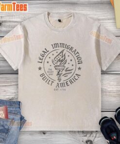 Washed t-shirt featuring 'Legal Immigration Built America The Right Way Est. 1776' - celebrating freedom and diversity.