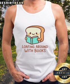 Relaxed woman in a Nice Loafing Around With Books tank top, enjoying a sunny day with books and coffee outdoors.
