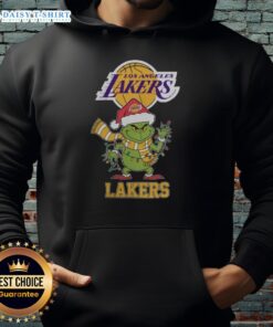 Los Angeles Lakers Christmas Grinch Santa Hat hoodie for holiday 2025, featuring vibrant team colors and festive design.