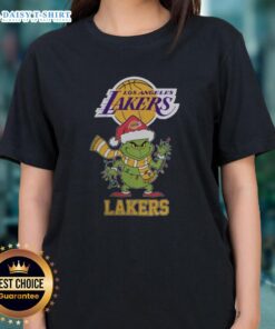 Los Angeles Lakers Christmas Grinch Santa Hat holiday 2025 ladies tee, perfect for festive Lakers fans.