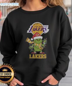 Los Angeles Lakers Christmas Grinch Santa Hat sweatshirt for the holiday season 2025, perfect for festive basketball fans.