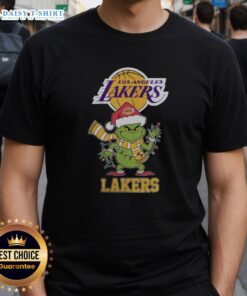 Los Angeles Lakers Christmas Grinch Santa Hat T-Shirt for Holiday 2025, featuring vibrant team colors and festive design.