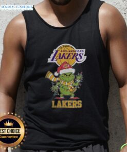 2025 Los Angeles Lakers Christmas Grinch tank top with Santa hat, perfect for holiday celebrations and basketball fans.
