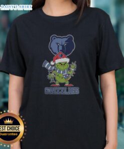 Alt Text: Ladies' Nice Memphis Grizzlies Christmas Grinch Santa Hat Holiday Tee for 2025, perfect for festive basketball fans.