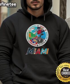 Alt Text: Stylish hoodie featuring logos of Miami sports teams: Dolphins, Heat, Marlins, Miami FC, Panthers, and Hurricanes.