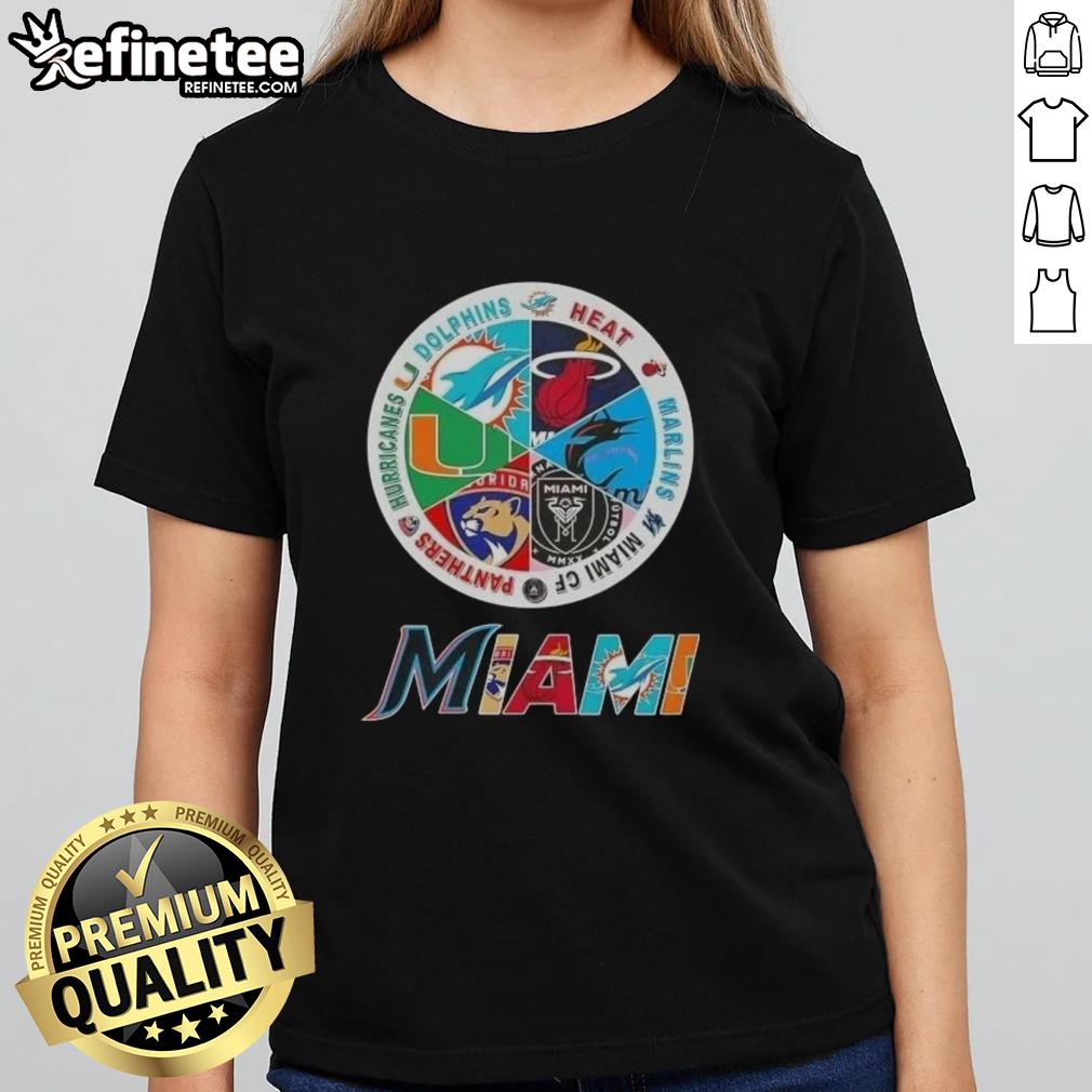 nice-miami-all-sports-dolphins-heat-marlins-miami-fc-panthers-hurricanes-logos-ladies-tee Ladies tee featuring logos of Miami sports teams: Dolphins, Heat, Marlins, Miami FC, Panthers, and Hurricanes.