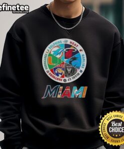 Nice Miami all sports sweatshirt featuring logos of Dolphins, Heat, Marlins, Miami FC, Panthers, and Hurricanes.