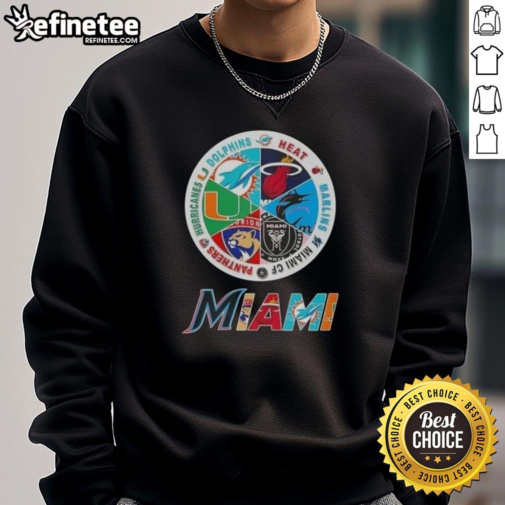 nice-miami-all-sports-dolphins-heat-marlins-miami-fc-panthers-hurricanes-logos-sweatshirt Nice Miami all sports sweatshirt featuring logos of Dolphins, Heat, Marlins, Miami FC, Panthers, and Hurricanes.