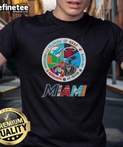 Nice Miami All Sports T-Shirt featuring Dolphins, Heat, Marlins, Miami FC, Panthers, and Hurricanes logos.