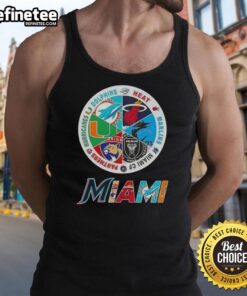 Stylish tank top featuring logos of Miami sports teams: Dolphins, Heat, Marlins, Miami FC, Panthers, and Hurricanes.