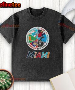 Nice Miami All Sports T-shirt featuring logos of Dolphins, Heat, Marlins, Miami FC, Panthers, and Hurricanes.