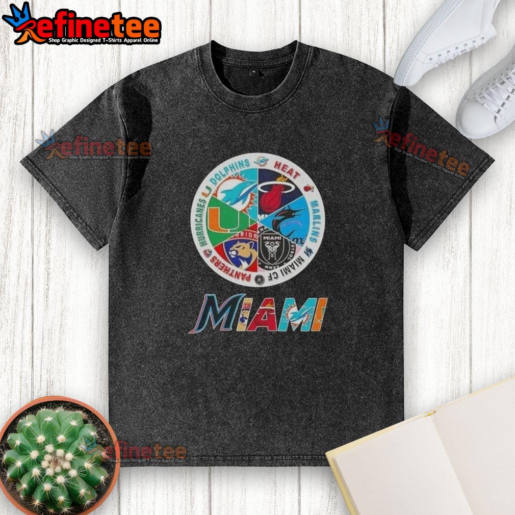 nice-miami-all-sports-dolphins-heat-marlins-miami-fc-panthers-hurricanes-logos-washed-t-shirt Nice Miami All Sports T-shirt featuring logos of Dolphins, Heat, Marlins, Miami FC, Panthers, and Hurricanes.