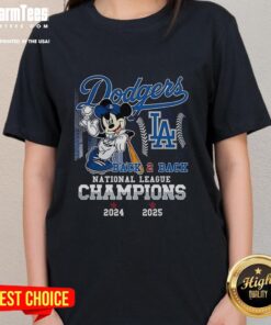 Nice Mickey Mouse X Los Angeles Dodgers Back to Back National League Champions 2025 Ladies Tee featuring vibrant graphics.