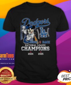 Mickey Mouse X Los Angeles Dodgers 2025 National League Champions T-Shirt, celebrating back-to-back victories.