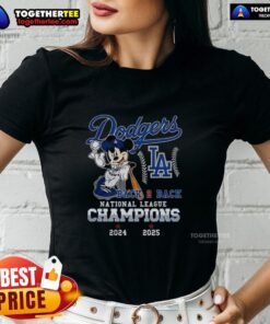 Alt Text: Ladies tee featuring Nice Mickey Mouse X Los Angeles Dodgers National League Champions design for 2024-2025.