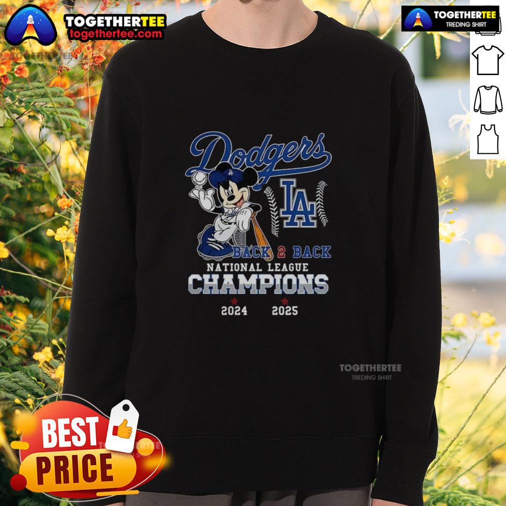 Nice Mickey Mouse X Los Angeles Dodgers National League Champions Back To Back 2024 2025 Sweatshirt Alt Text: Nice Mickey Mouse x Los Angeles Dodgers sweatshirt celebrating back-to-back National League Champions 2024-2025.