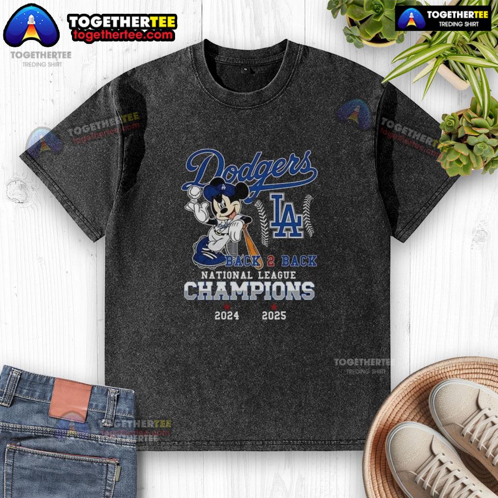 Nice Mickey Mouse X Los Angeles Dodgers National League Champions Back To Back 2024 2025 Washed T-Shirt Alt Text: Nice Mickey Mouse X Los Angeles Dodgers National League Champions back-to-back 2024-2025 washed t-shirt design.