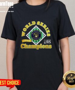Alt Text: Milwaukee Brewers 2025 World Series Champions trophy logo on a ladies tee, celebrating team pride.