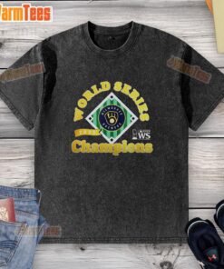 Nice Milwaukee Brewers Baseball 2025 World Series Champions Trophy Logo on a stylish washed t-shirt.