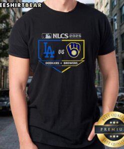Milwaukee Brewers vs Los Angeles Dodgers 2025 NLCS Matchup T-Shirt featuring team logos and vibrant colors.