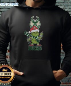 Milwaukee Bucks Christmas Grinch Santa Hat hoodie for holiday 2025, featuring festive green and red design.