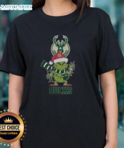 Milwaukee Bucks Christmas Grinch Santa hat holiday ladies tee for 2025, perfect festive apparel for basketball fans.
