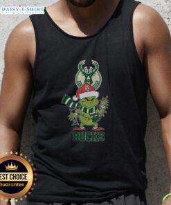 Stylish Milwaukee Bucks Christmas Grinch Santa Hat tank top for holiday 2025, perfect for festive basketball fans.