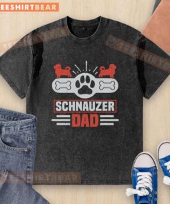 Miniature Schnauzer dad wearing a washed t-shirt, showcasing love for his furry friend in a casual setting.